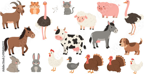 Farm Animals Cartoon Collection with Cow Pig Horse Goat Sheep Donkey Dog Rabbit and Poultry Vector Illustration Set