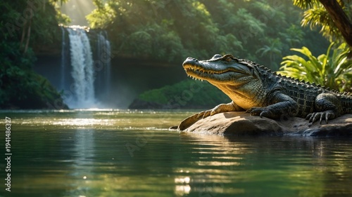 A crocodile basking on a rock by a tranquil river, with a waterfall and lush greenery in the background