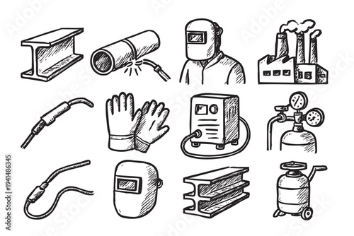 Black and white sketch illustration of welding equipment, factory and metal materials. Perfect for illustrating construction, metalwork, manufacturing, or safety concepts.