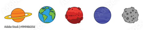Colorful Flat Cartoon Planet Icons — Saturn, Earth, Red Planet, Moon, Asteroid Row