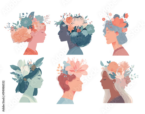 Women flowers in hair cartoon vector set. Profile portraits botanical spring summer decorative headpiece floral elements character nature beauty self love concept isolated illustration on white
