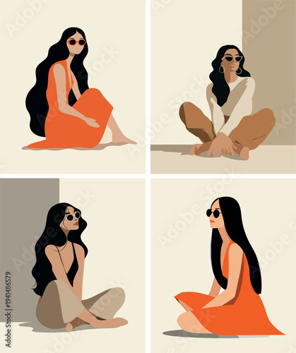 Women sitting on floor cartoon vector concept. Girls resting on ground bare foot smart dress sunglasses, female character black hair makeup jewelry full height with pale gentle backdrop