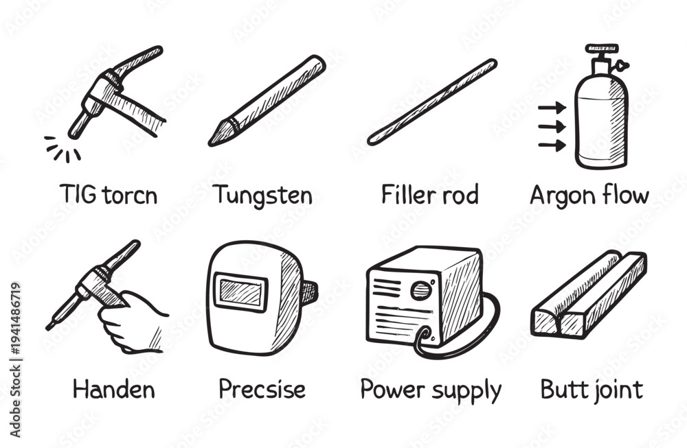 Fototapeta premium Hand-drawn style black and white illustration of welding equipment: TIG torch, tungsten, filler rod, argon flow, welding mask, power supply, and butt joint. Represents fabrication and metalwork.