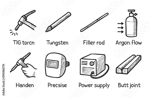 Hand-drawn style black and white illustration of welding equipment: TIG torch, tungsten, filler rod, argon flow, welding mask, power supply, and butt joint. Represents fabrication and metalwork.