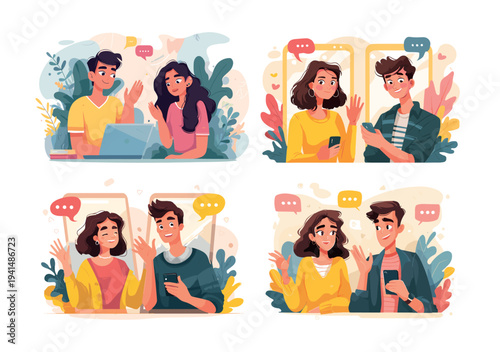 Young people couple chatting cartoon vector set. Talking video call smartphone online communication man woman laptop conversation, social media dating illustration isolated on white backdrop
