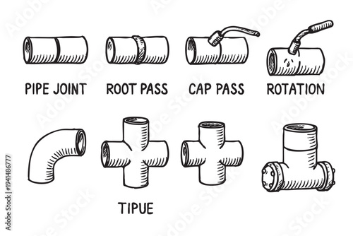 This is a black and white sketch of different pipe joints including pipe joint, root pass, cap pass, rotation, tipue, and welding processes on a white background.