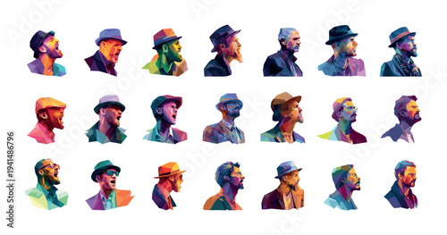 Portrait male head profiles low poly vector set. Man hat sad anger thinking shout guys showing emotions geometric patterns characters, diverse personalities starting isolated on white background
