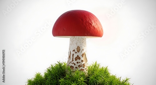 A vibrant red capped mushroom with white stem and green moss