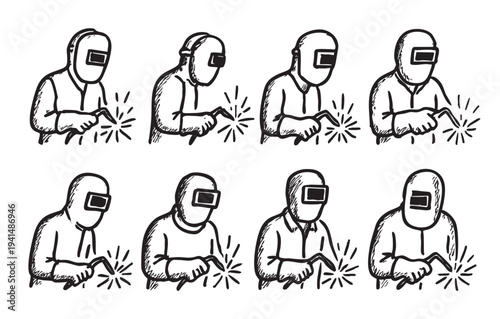 Black and white sketch illustration of welders with welding masks at work, creating sparks in a factory, portraying industrial work.