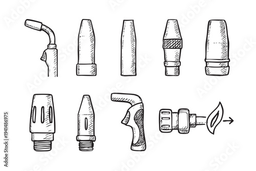 Hand-drawn illustration shows different welding torches, nozzles, and related elements on white, ideal for depicting engineering, construction, or DIY welding concepts.