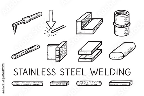 Hand drawn sketch of stainless steel welding diagrams in black and white, illustrating various welding techniques and joint types, ideal for engineering or educational contexts.