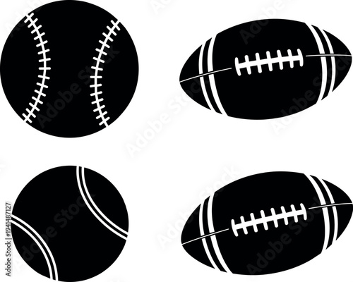 Baseball and American Football Solid Icon Set Featuring Sports Ball Symbols for Game, Team Competition, and Athletic Design