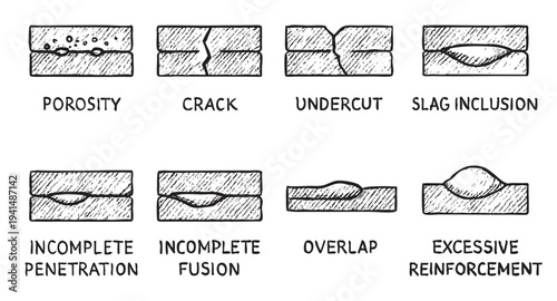 Illustration showing common welding defects like porosity, crack, undercut, and more, displayed in a simple diagram useful for education and technical documentation.