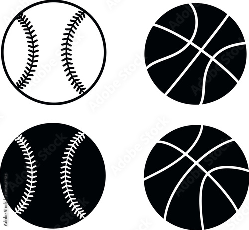Baseball and Basketball Line and Solid Icon Set Featuring Sports Ball Symbols for Game, Competition, and Athletic Design