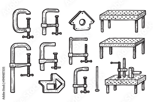 Hand-drawn illustration features various woodworking tools, including clamps, vises, tables and a birdhouse, presented in a clean, black and white vintage style. Use for DIY, crafting.