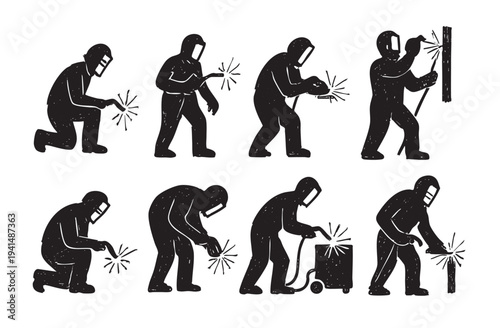 A collection of black silhouette illustrations depicts welders wearing protective gear, executing various welding tasks, isolated on a clean white backdrop.