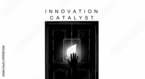 Hand reaching for glowing leaf symbol through dark doorway representing innovation and new beginnings