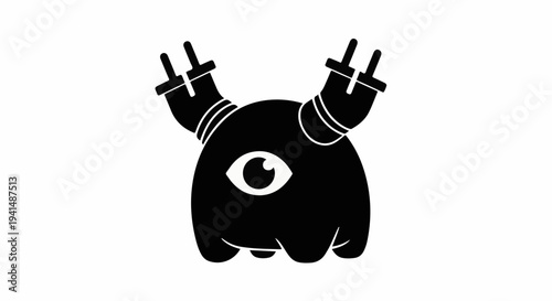 Whimsical black monster with one eye and electrical plugs on its head