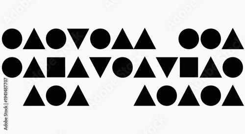 Abstract geometric pattern with circles, squares, and triangles on a white background.