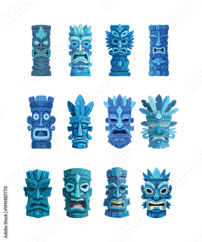 Tiki mask cartoon vector concept. Tribal statue totem pole hawaiian culture polynesian sculpture wooden idol carvings ritual symbol indigenous art religious object isolated on white background