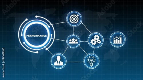 PERFORMANCE Business Strategy Concept with Global Network and Icons, business Concept Network Diagram with Icons on World Map Background,Business, Technology, Internet and network concept .4k