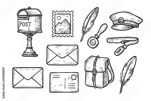 A collection of hand-drawn postal elements including a mailbox, envelopes, postcard, stamp, bag, feather, inkwell, and cap against a clean white backdrop creating a vintage illustration.
