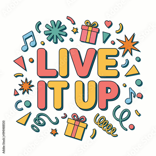 A lively and festive design filled with celebration elements, including gifts, confetti, and playful shapes, radiates joy and excitement, encouraging people to live it up.