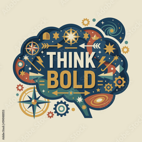An imaginative design featuring a thought bubble filled with symbols of creativity and innovation, paired with 'THINK BOLD' to inspire out-of-the-box thinking.