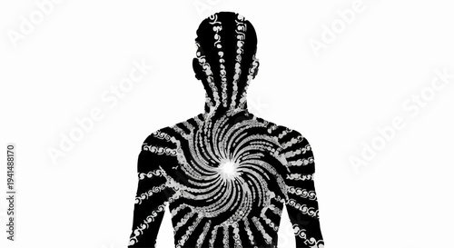 Mysterious vortex of light emanates from within a silhouetted human form, suggesting inner energy or transformation.