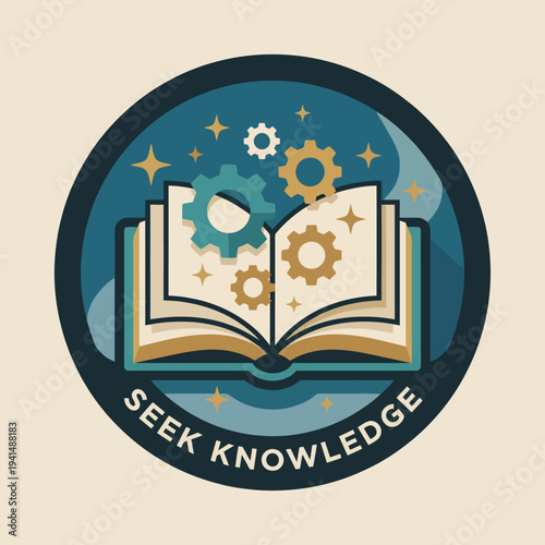 An open book surrounded by gears illustrates the pursuit of knowledge and growth, symbolizing intellectual curiosity, learning, and personal development.
