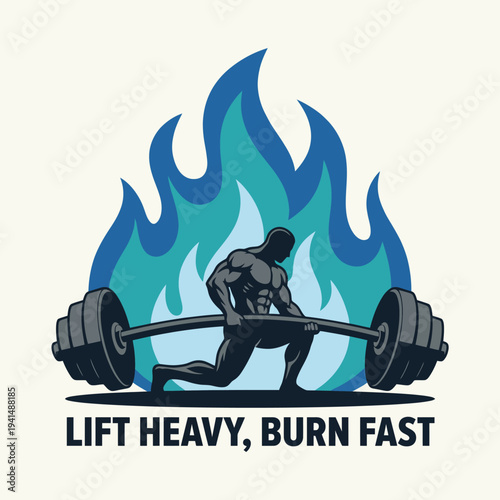 A muscular figure lifts a heavy barbell amidst stylized flames, emphasizing strength, determination, and the commitment to fitness and physical prowess.