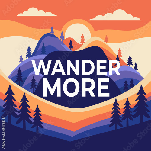 This captivating illustration showcases a tranquil mountain landscape at sunset, inviting viewers to embrace adventure and wanderlust while appreciating nature’s beauty.