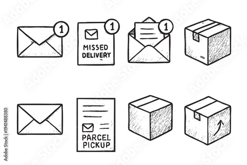 Collection of hand-drawn black and white delivery icons including missed delivery notices, parcel pickup slips, and shipping boxes, isolated on a white background, creating a clean, minimalist design.
