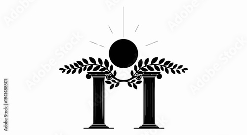 Ancient Greek inspired emblem with sun and laurel wreath