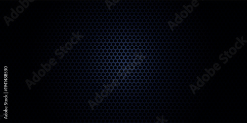 Dark grey abstract wide horizontal banner with hexagon carbon fiber grid and orange luminous lines. Technology vector background with orange neon lines