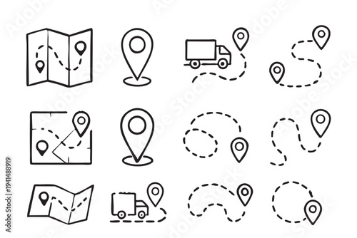 Various map pin and delivery truck icons are illustrated as vector art in a simple, black-and-white style that can be used for delivery services.