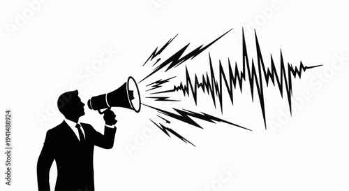 Man in suit silhouetted, shouting into megaphone, projecting sound waves and energy