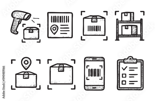 Black and white sketch of icons representing package tracking including scanning, location, barcode and status, providing a visual aid for logistics or delivery concepts.