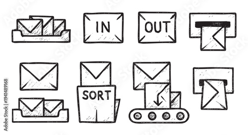 A set of hand-drawn email management icons representing inboxes, outgoing mail, sorting processes, and a conveyor belt for automated mail flow. Ideal for illustrating concepts like email marketing.