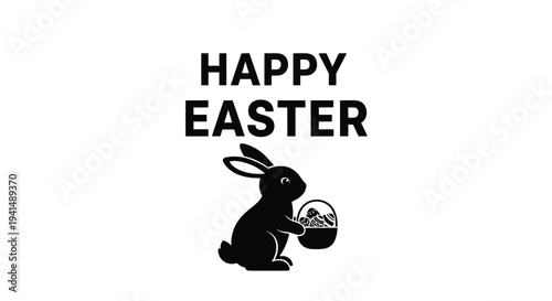 Happy easter greeting card with easter bunny holding basket full of eggs vector illustration