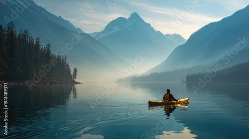Kayaker exploring calm lake surrounded by towering mountains and morning mist creating peaceful travel scene