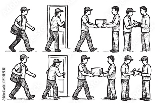 Vector illustration depicts stages of a delivery person, from approaching to delivering a package and obtaining a signature, conveying efficiency and service.