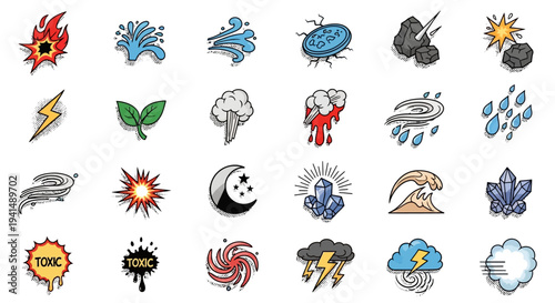 Vivid Comic Style Natural Elements and Weather Cartoon Icons with Toxic Warning, on an isolated white background, illustrating powerful and potentially hazardous environmental conditions.