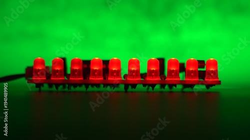Running light sequence on row of red LEDs with green illuminated background.