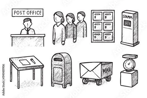 Black and white sketch illustrating a post office scene with customers, clerk, mailbox, stamps, mailboxes, scale, and mail cart, useful for depicting communication and postal services.