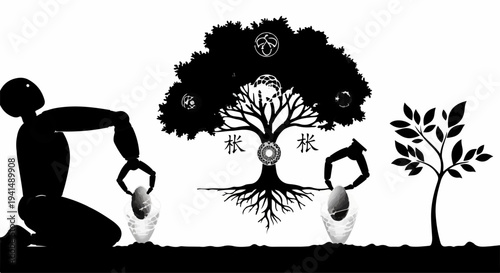 Symbolic representation of growth and nurturing from nature's wisdom and human effort.