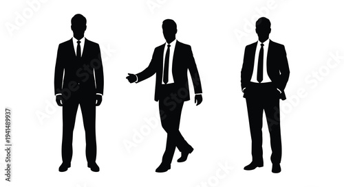Three formally dressed men in various poses are depicted as stark black shapes a striking silhouette high quality professional detailed modern