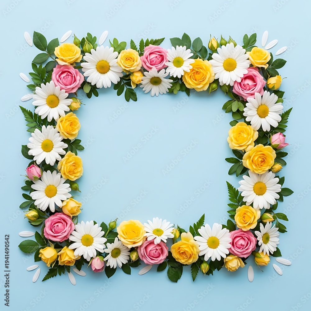 Obraz premium Vibrant floral wreath frame with roses and daisies on blue background
