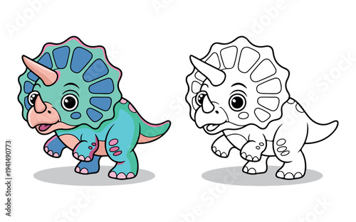 A colorful cartoon Triceratops dinosaur stands next to its black and white outline version on a white background