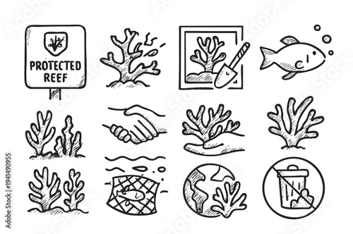 Black and white doodle icons illustrate reef conservation, depicting reef protection, reef restoration, sustainable fishing, waste reduction, and ocean conservation, fostering awareness.